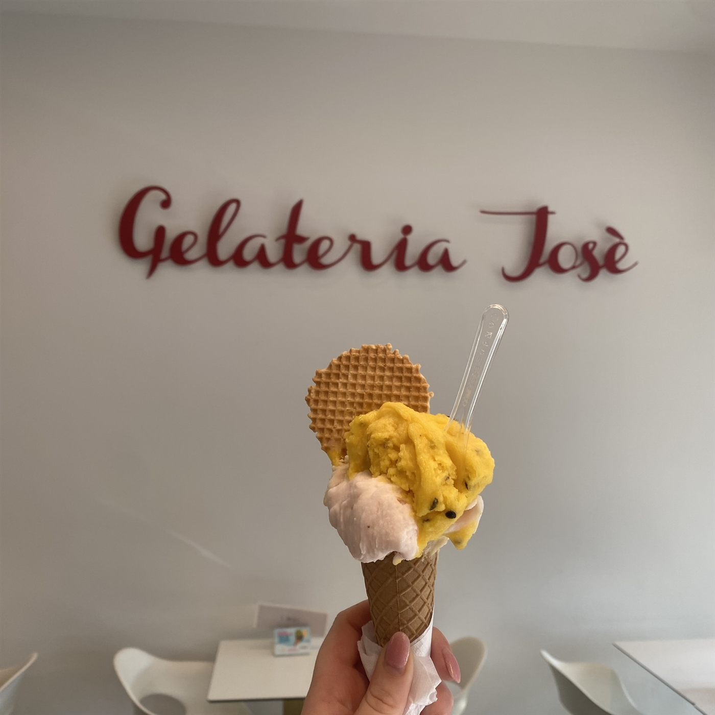 Un cono con due gusti e un wafer davanti alla scritta Gelateria Josè